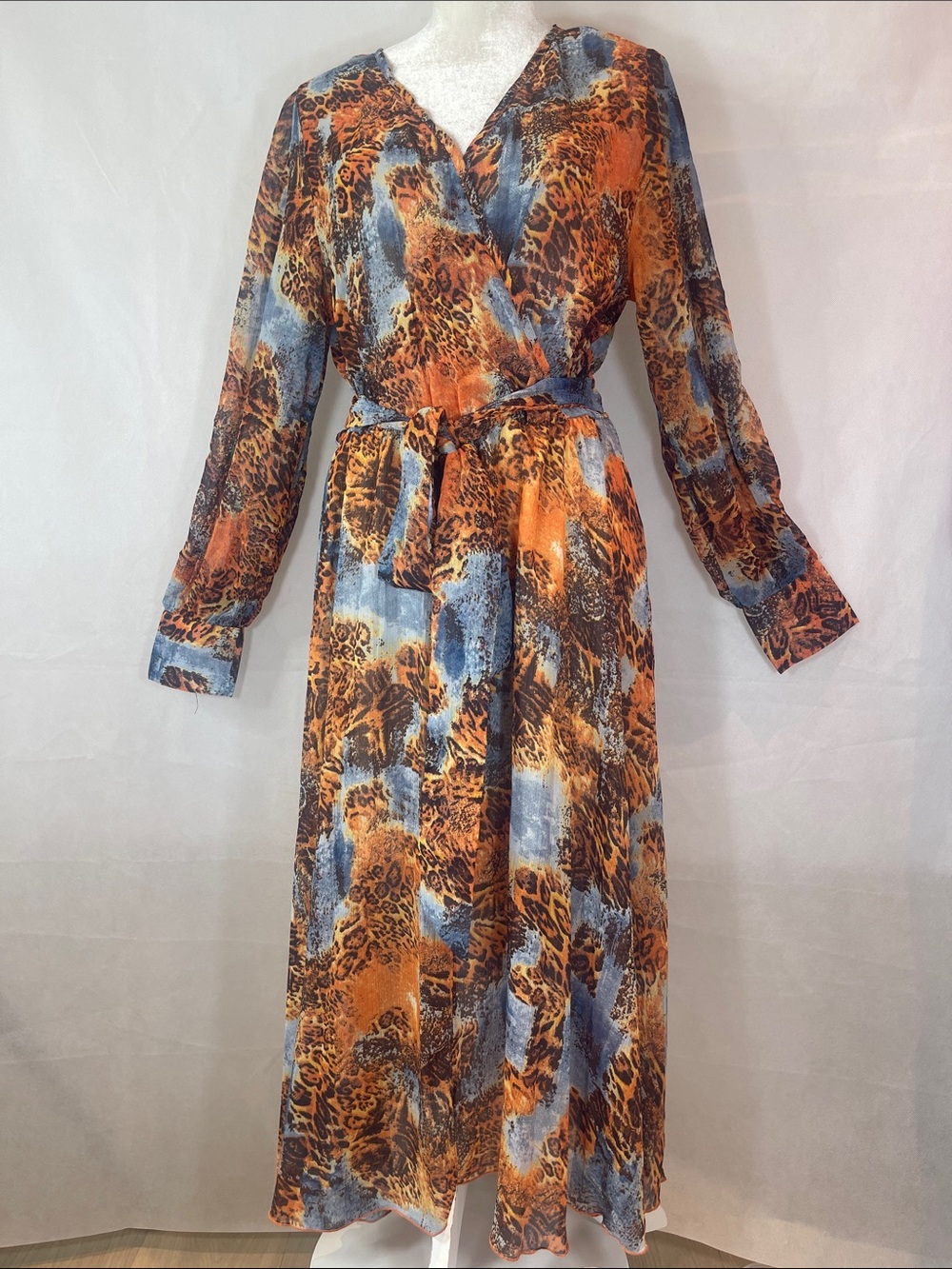 Wrap Maxi Dress in Orange and Blue Animal Print